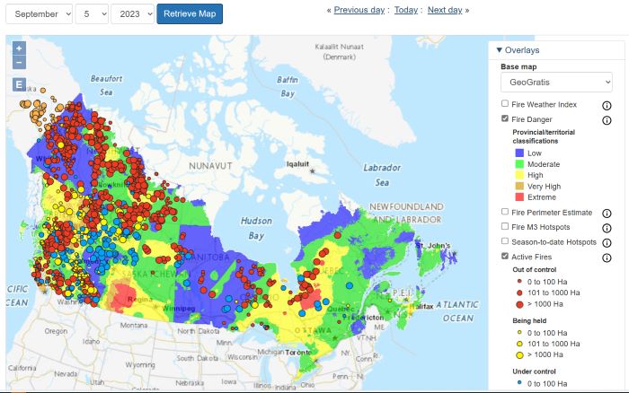 Screen grab from NRCan’s interactive map showing active fires as of September 5, 2023.